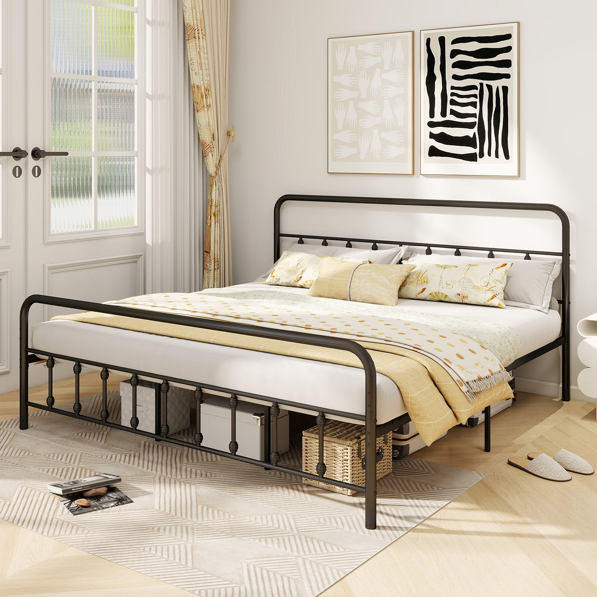 Bed Frame with Headboard and Under Bed Storage Black