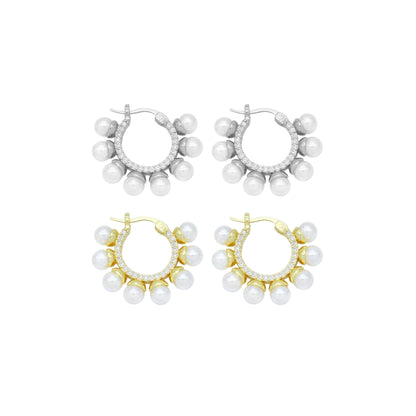 White Pearl CZ Around Hoop Earrings, Sku#A402