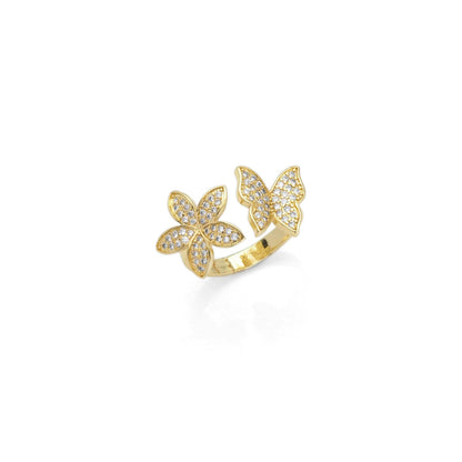 Gold CZ Flower Butterfly Adjustable Ring, Sku#LD428