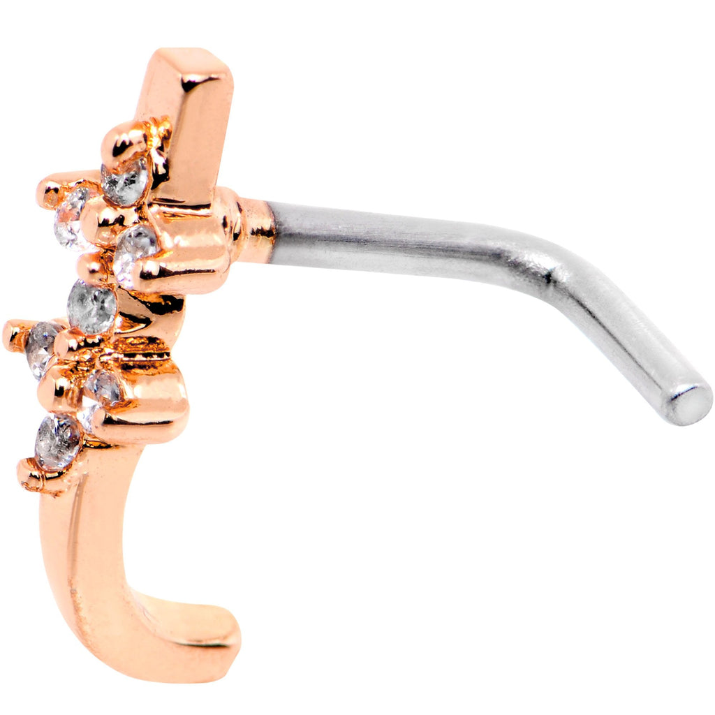 18G Clear CZ Rose Gold Tone Bling Faux Hoop L Shaped Nose Ring