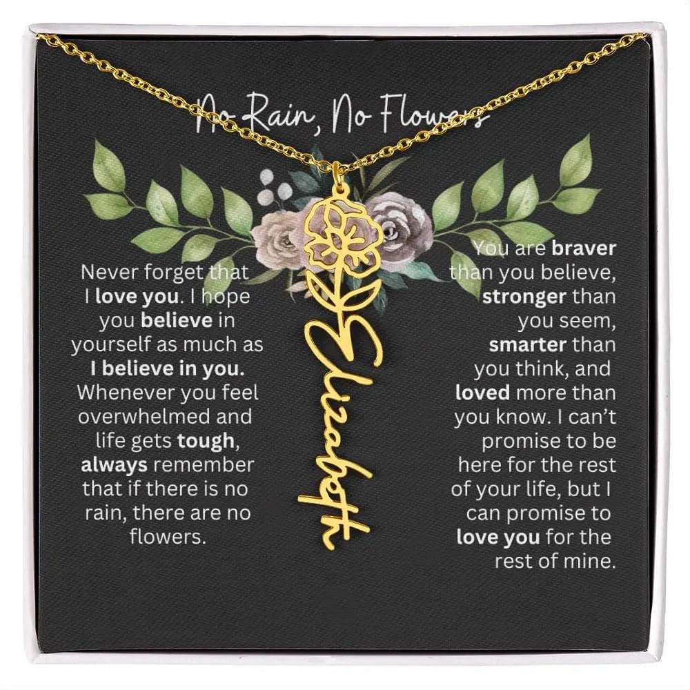 Birth Flower Necklace With Name I No Rain - No Flowers | Elegant Gift for Daughter