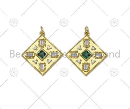 Baguette CZ Micro Pave Rhombus Shape Pendant/Charm, 18K Gold Filled Green CZ Charm,Necklace Bracelet Charm Pendant,28x25mm,Sku#L582