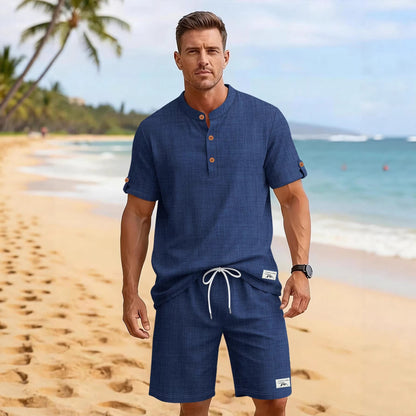 Mens Casual Henley Shirt And Shorts Sports Set