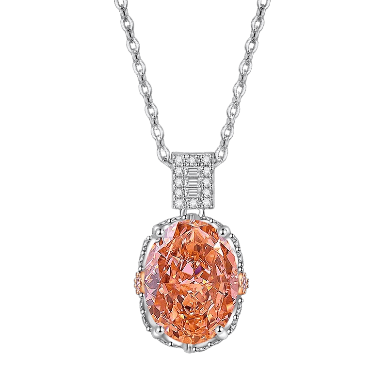 Multicolor Ice Flower Cut Oval CZ Pendant Necklace, 10*14mm 8A Cubic Zirconia, Two-Tone Pave CZ Halo with Pavé Top Frame, Adjustable Chain