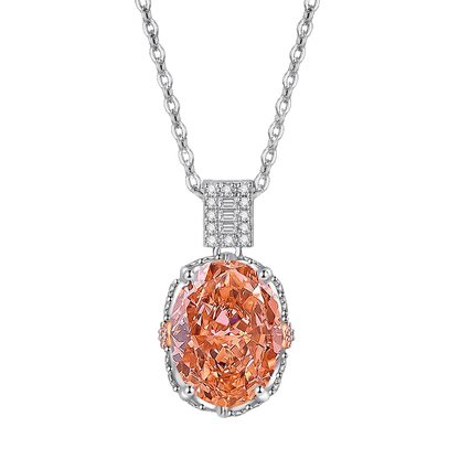 Multicolor Ice Flower Cut Oval CZ Pendant Necklace, 10*14mm 8A Cubic Zirconia, Two-Tone Pave CZ Halo with Pavé Top Frame, Adjustable Chain