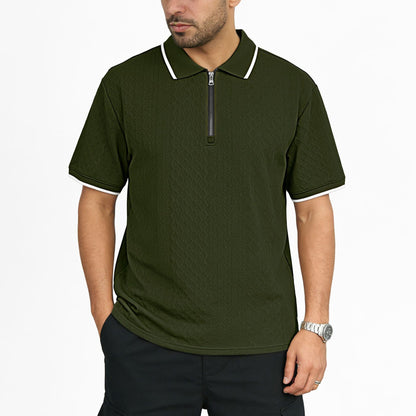 Mens Jacquard Loose-Fit Short-Sleeve Zip-Up Polo Shirt