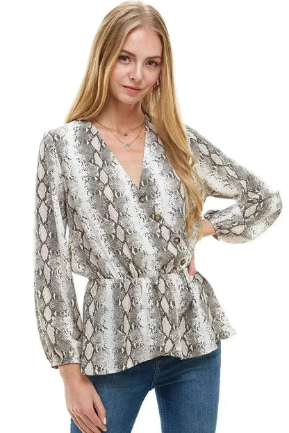 Snake V neck Button Front Peplum Long Sleeve Blouse Top | Femstylo