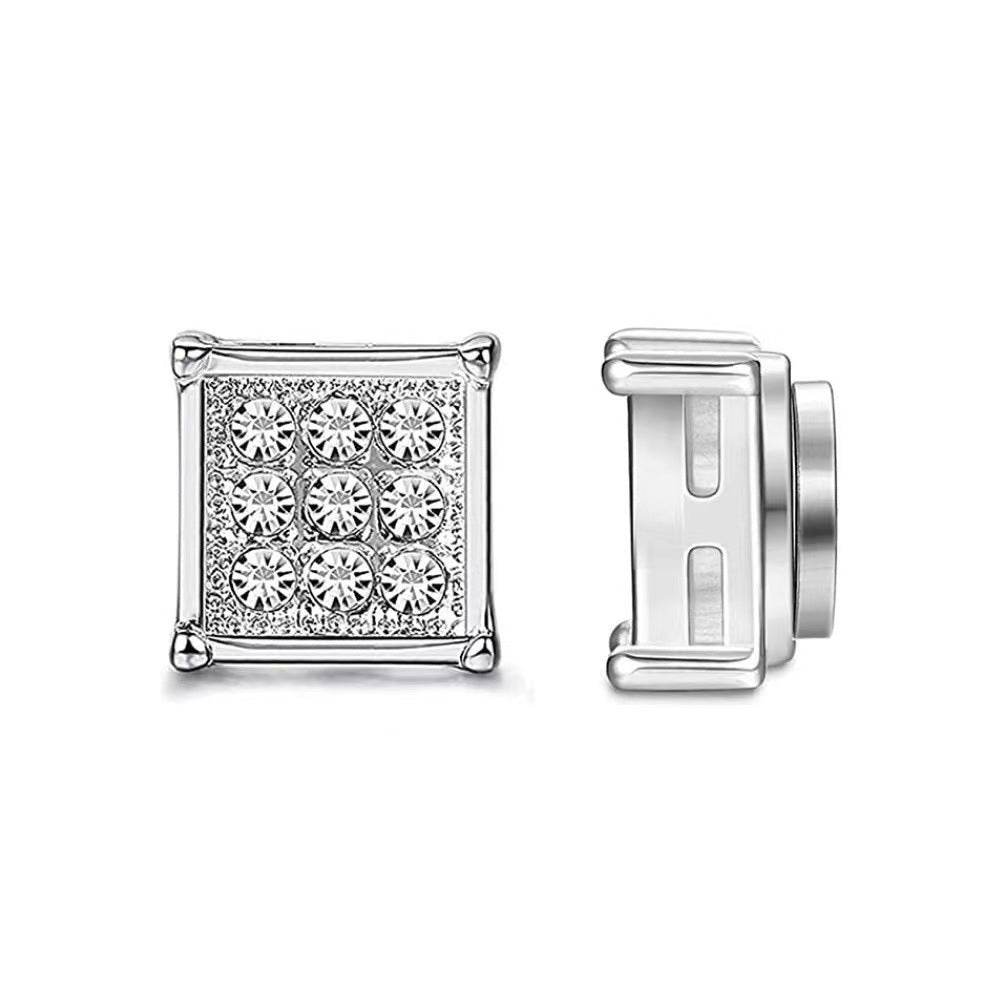 Magnetic Iced Out CZ Square Stud Earrings for Men Women, Non-Piercing Clip On Stainless Steel