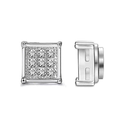 Magnetic Iced Out CZ Square Stud Earrings for Men Women, Non-Piercing Clip On Stainless Steel