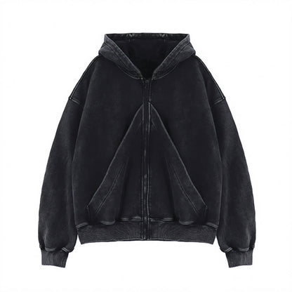 American-style Vintage Washed-and-distressed Cardigan Zip-up Hoodie