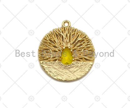 Filigree Round Gold Lacy Charm with Centered Colored Gemstone, Brushed Gold Charm, Twisted Wire Pendant, 19mm, sku#CP15