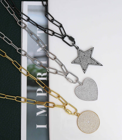 Paperclip chain necklace with star, heart, round disc pendant, sku#CL13