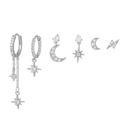 Multi Sets of Chic Star&Moon Earrings, 3-6pcs, 18k Gold Plated Stud Drop Hoop Huggie Cuff Chain, S925 Needle