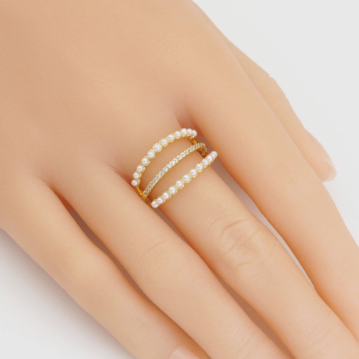 CZ Gold White Pearl triple line Ring, Sku#LD509