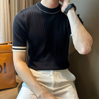 Men's Short-Sleeve Ice Silk Knit Shirt Crew-Neck Slim-Fit Sweater