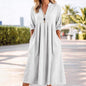 Womens Relaxed-fit Vintage Cotton-Linen Long-Sleeve V-Neck Dress With Pockets