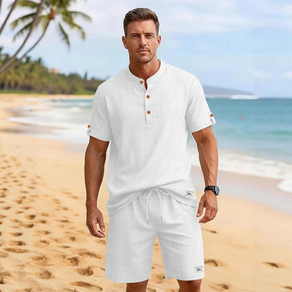 Mens Casual Henley Shirt And Shorts Sports Set