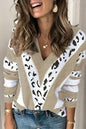 Khaki Animal Print Sweater - Leopard Accent V-Neck Pullover | Femstylo
