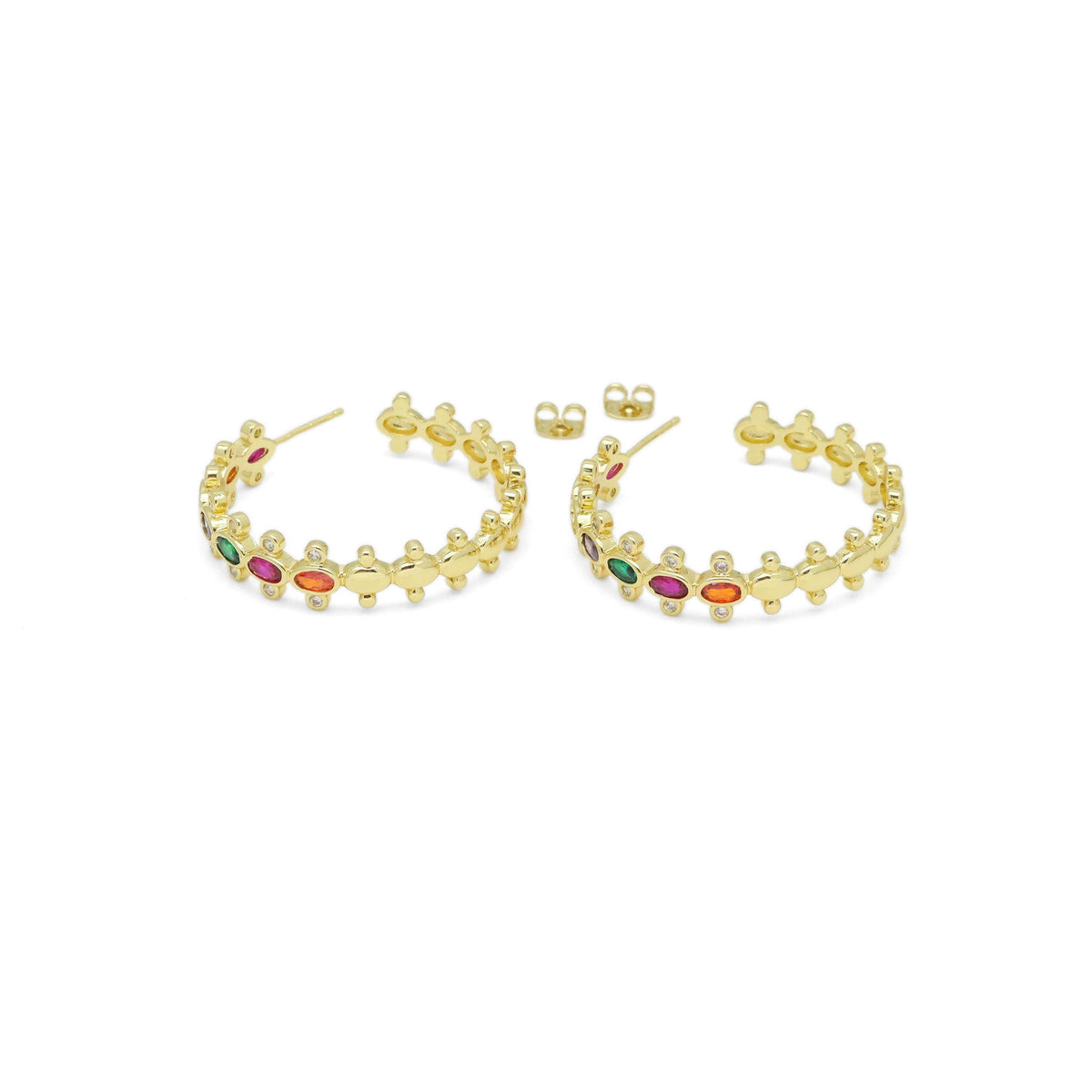 Colorful Oval CZ Gold Hoop Earrings, Sku#LD531