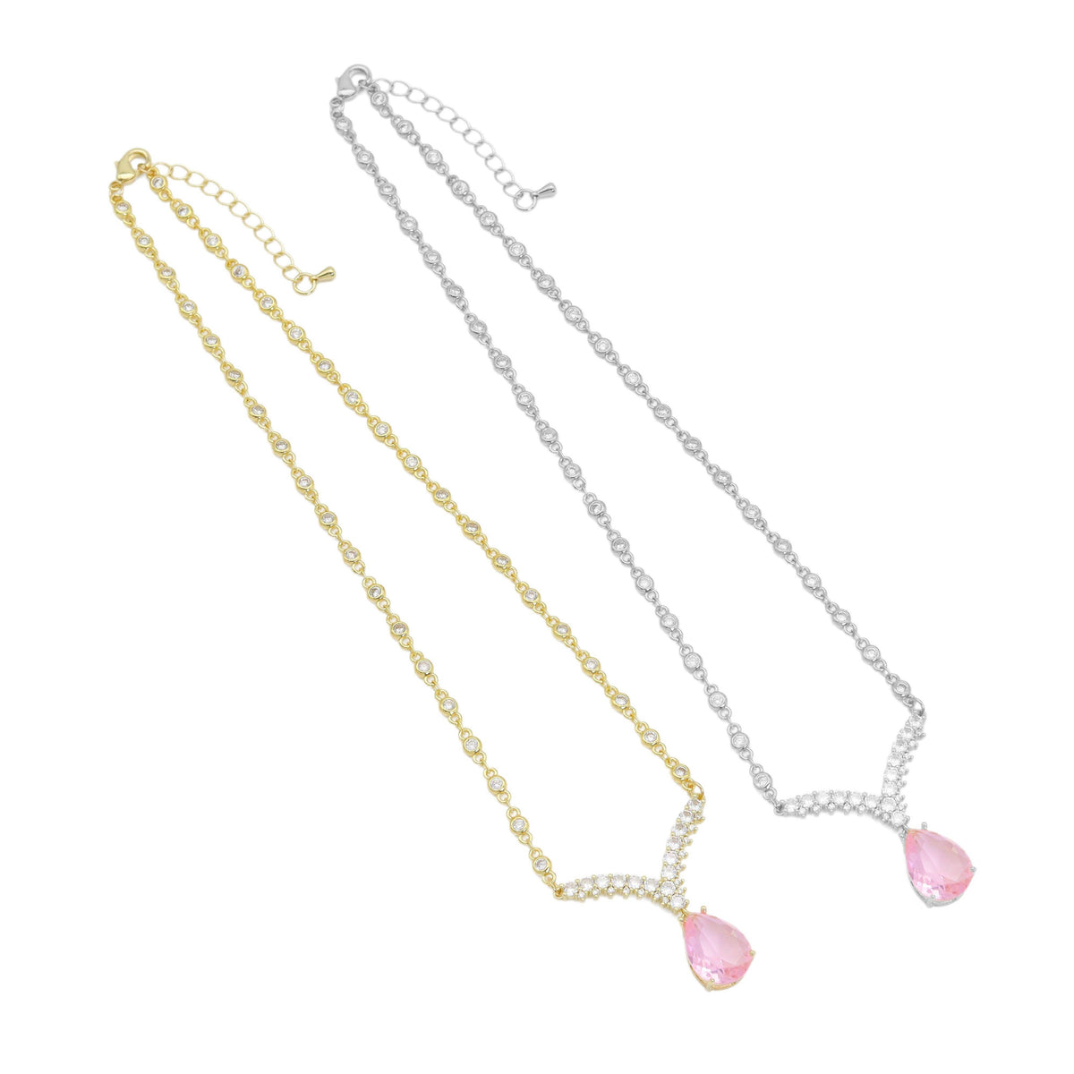 Gold Silver CZ Chain Pink Chevron Point Pendant Necklace, Sku#A184