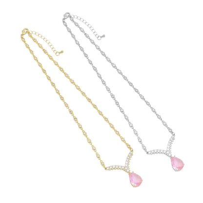 Gold Silver CZ Chain Pink Chevron Point Pendant Necklace, Sku#A184