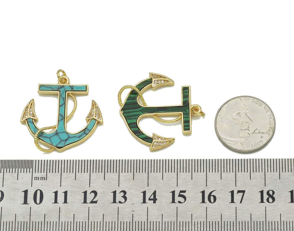 Gold CZ Turquoise Malachite Boat Anchor Charm, Sku#L687