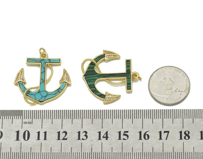 Gold CZ Turquoise Malachite Boat Anchor Charm, Sku#L687