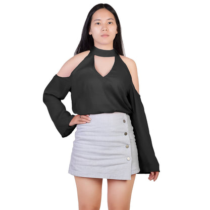 Off-the-Shoulder Blouse with V-Neck and Long Sleeves