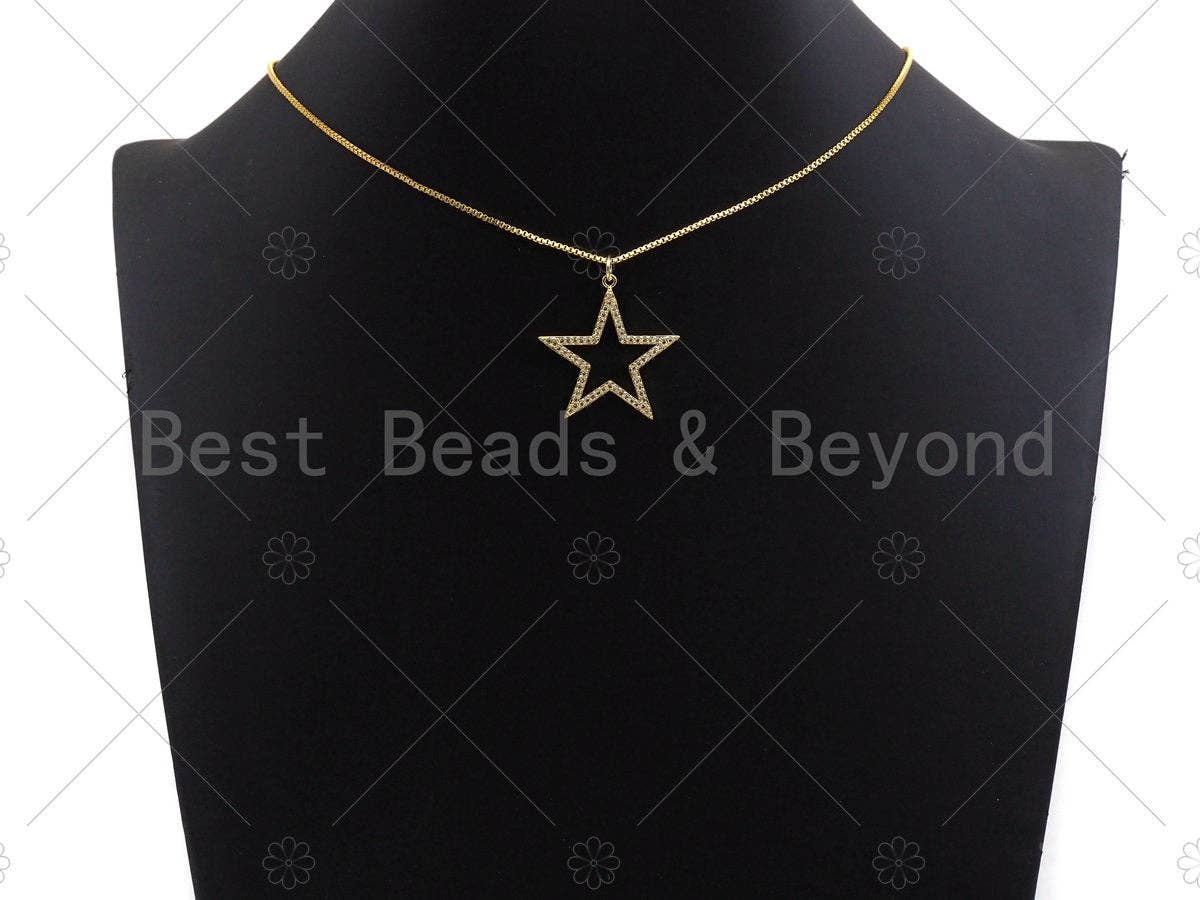 Gold Five Point Star Shape Pendant,  Frame Star Charm, Pave Star Pendant, Gold plated, 27mm, Sku#LK81