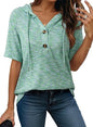Short-sleeve Buttoned V-neck Waffle-knit Hooded Top
