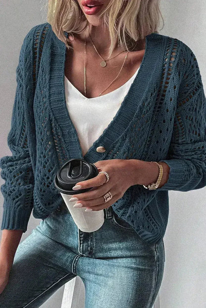 Dark Khaki Cardigan – Open Knit Drop Shoulder Sweater | Cotton-Acrylic Blend