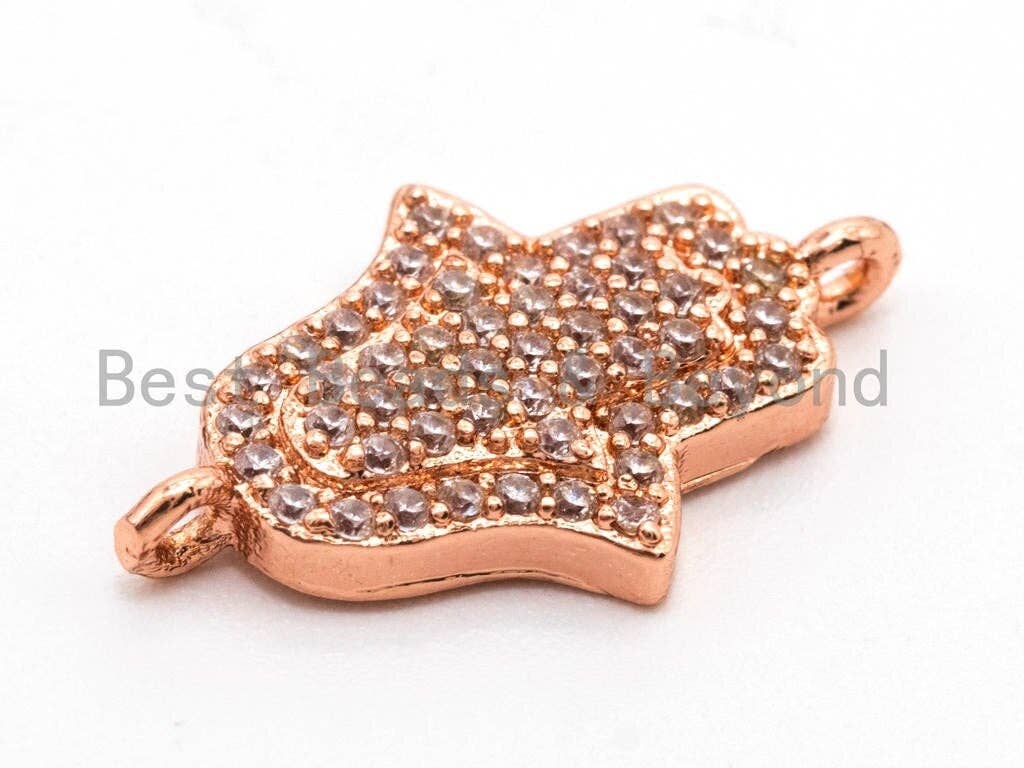 CZ Clear Micro Pave Hamsa Hand Connector, CZ Pave Jewelry Charm Findings, Bracelet Charm link findings, Gold/Rose gold 11x18mm,sku#A55