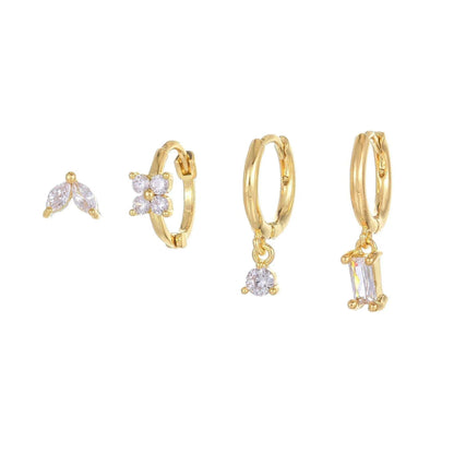 Stacking 4 Pieces Geometric Zircon Stud Earring Set, 18k Gold Plated Ear Studs and Drops, Trendy Sweet Cool Earrings, S925 Needle