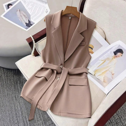 Womens Solid-Color Blazer-Style Loose-Fit Vest With Ties