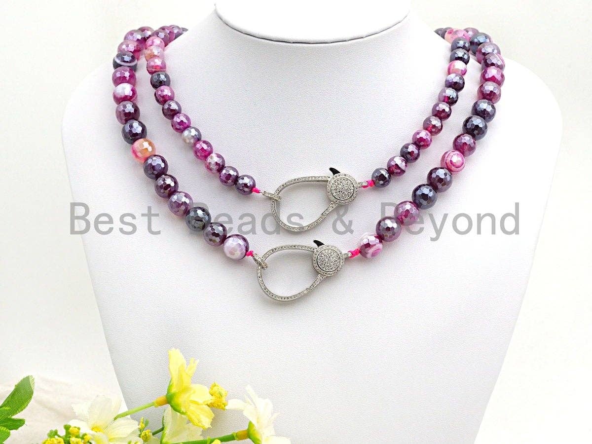 Purple Pink Agate Attachment Necklace with Large CZ Pave Silver clasp, 18 long, 8mm/10mm beads size, sku#D48