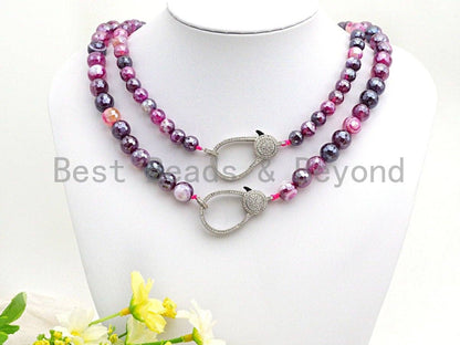 Purple Pink Agate Attachment Necklace with Large CZ Pave Silver clasp, 18 long, 8mm/10mm beads size, sku#D48