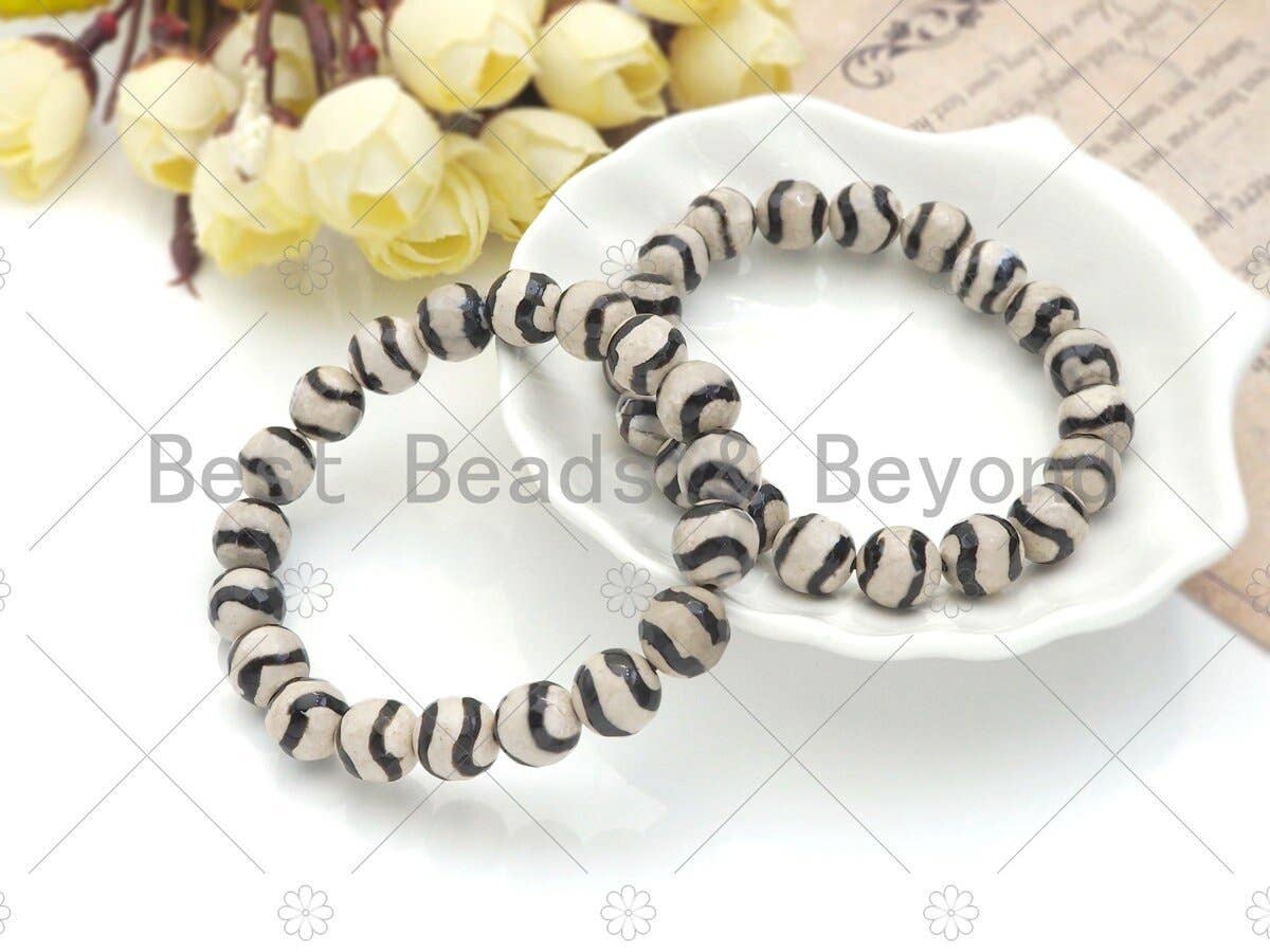 Natural Black White Tibetan Agate Stretchy Bracelet, sku#U1096