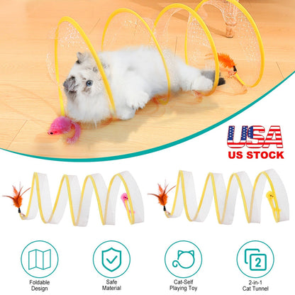 2Pcs Foldable Cat Tunnel with Bell Feather Mouse Toys Collapsible Indoor Cat Spring Tube with Interactive Toy for Kittens Cats