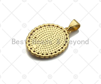 Mary Pink Mother-of-pearl Inlay Oval Pendant, Cubic Zirconia Pendant, Gold Pink Tone, Reglious charm, 15x22mm, Sku#LK71