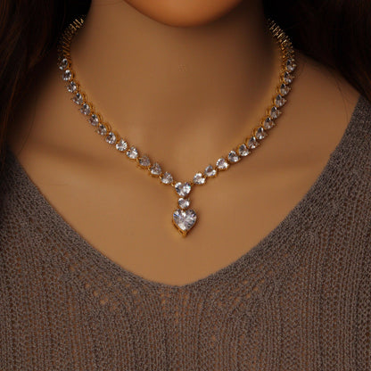 Silver Gold CZ Heart Link Heart Drop Statement Necklace, Sku#A120