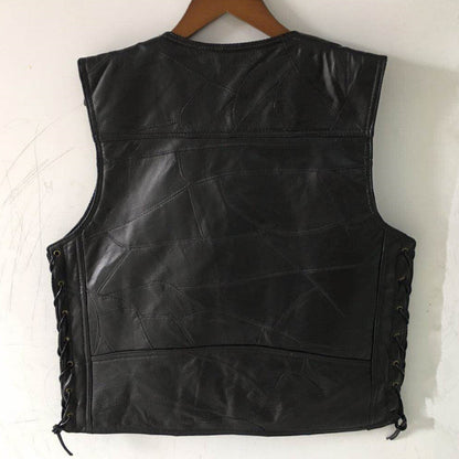 Classic Leather Biker Vest Mens WaistcoatPatchwork Sleeveless Jacket