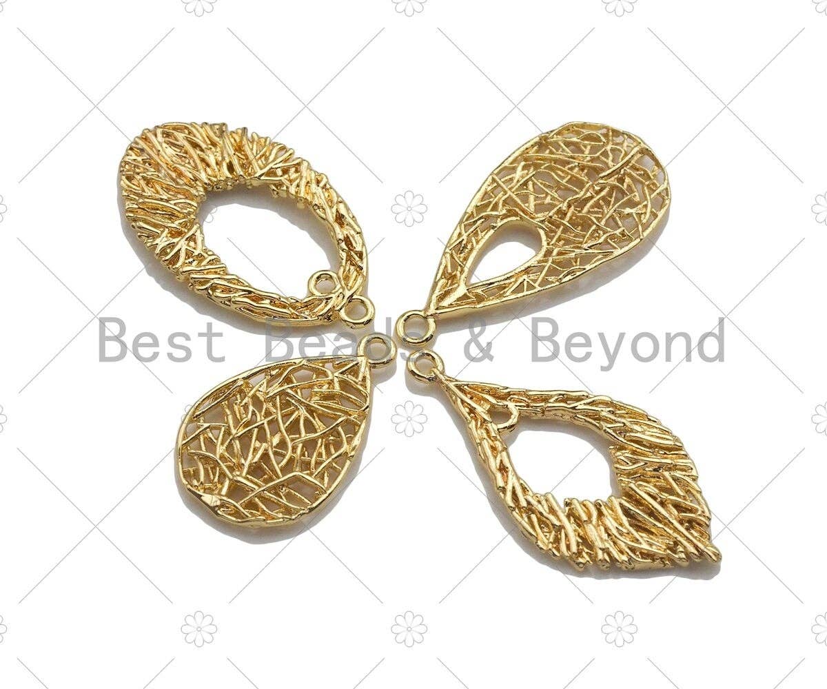 Filigree Gold Lacy Charm, heart/leaf/oval/Teardrop Shape Brushed Gold Twisted Wire Charm Pendants for Earrings necklace making, sku#CP06