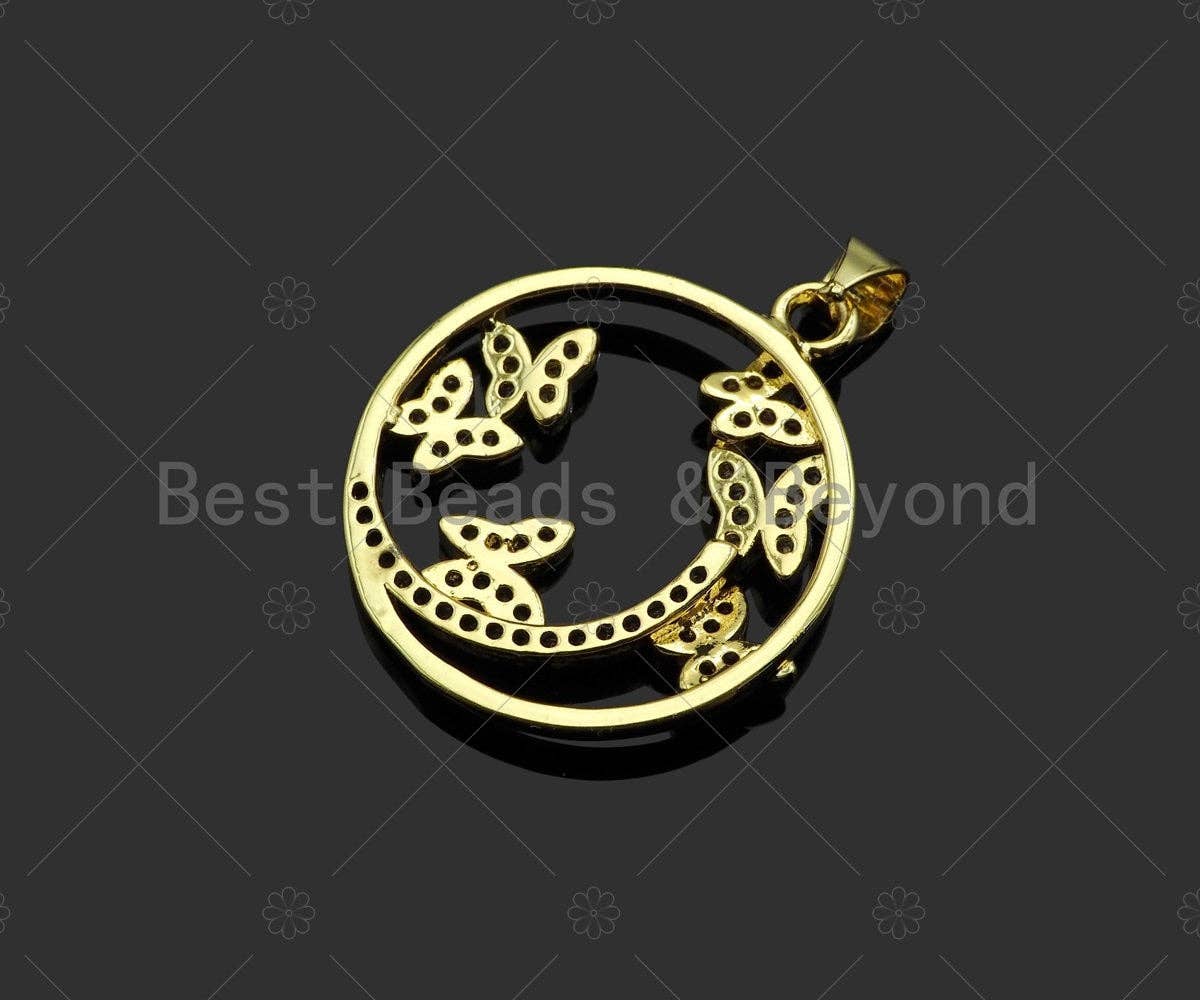 Gold Fillled Colorful CZ Micro Pave Butterfly On Round Ring Shape Pendant, 18K Gold Filled Charm, Necklace Bracelet Pendant,22x26mm,Sku#LD97