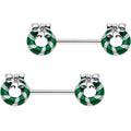 9/16 Minty Green Christmas Candy Cane Wreath Barbell Nipple Ring Set