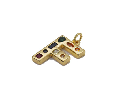 Gold Colorful Baguette CZ Initial Charm, sku#F1524