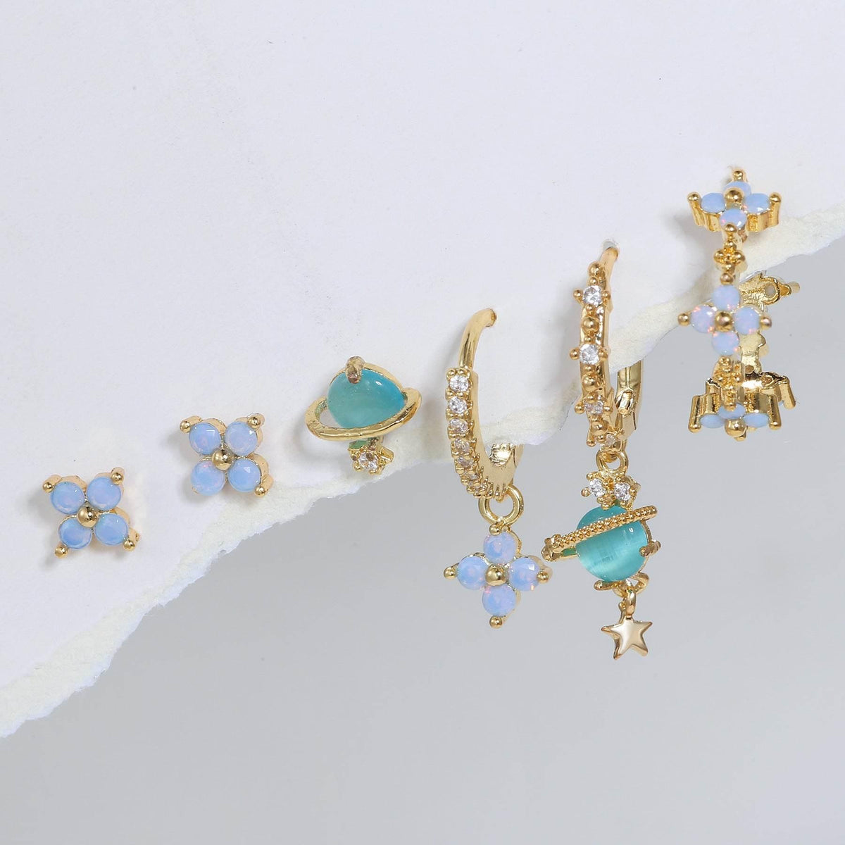 Multi Sets of Blue Flower Pierced Earrings, 4-6pcs, 18k Gold Plated Stud Drop Hoop Huggie Cuff Chain, S925 Needle