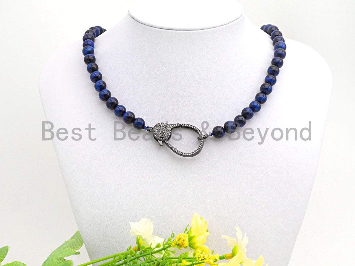Blue Tiger Eye Attachment Necklace with Large CZ Pave Gunmetal clasp, 18 long, 8mm/10mm beads size, sku#D39