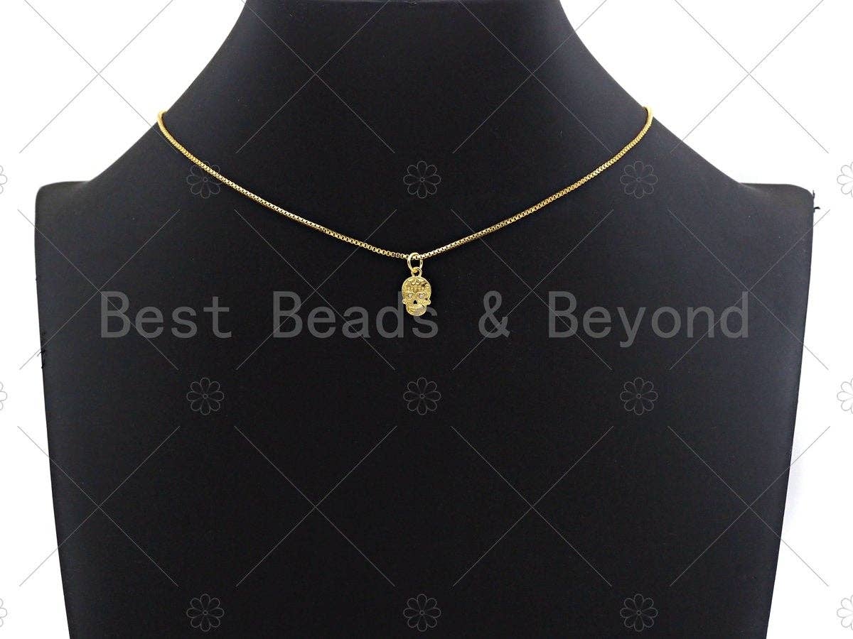 18K Gold Colorful Micro Pave Skull Pendant, Dainty Gold Skul
