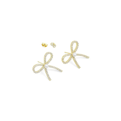 White Pearl Gold Bowknot Star Fish Stud Earring,Sku#LD747