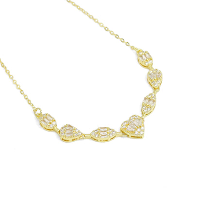 Gold Chain Baguette CZ Heart Connector Pendant Necklace, Sku#A210